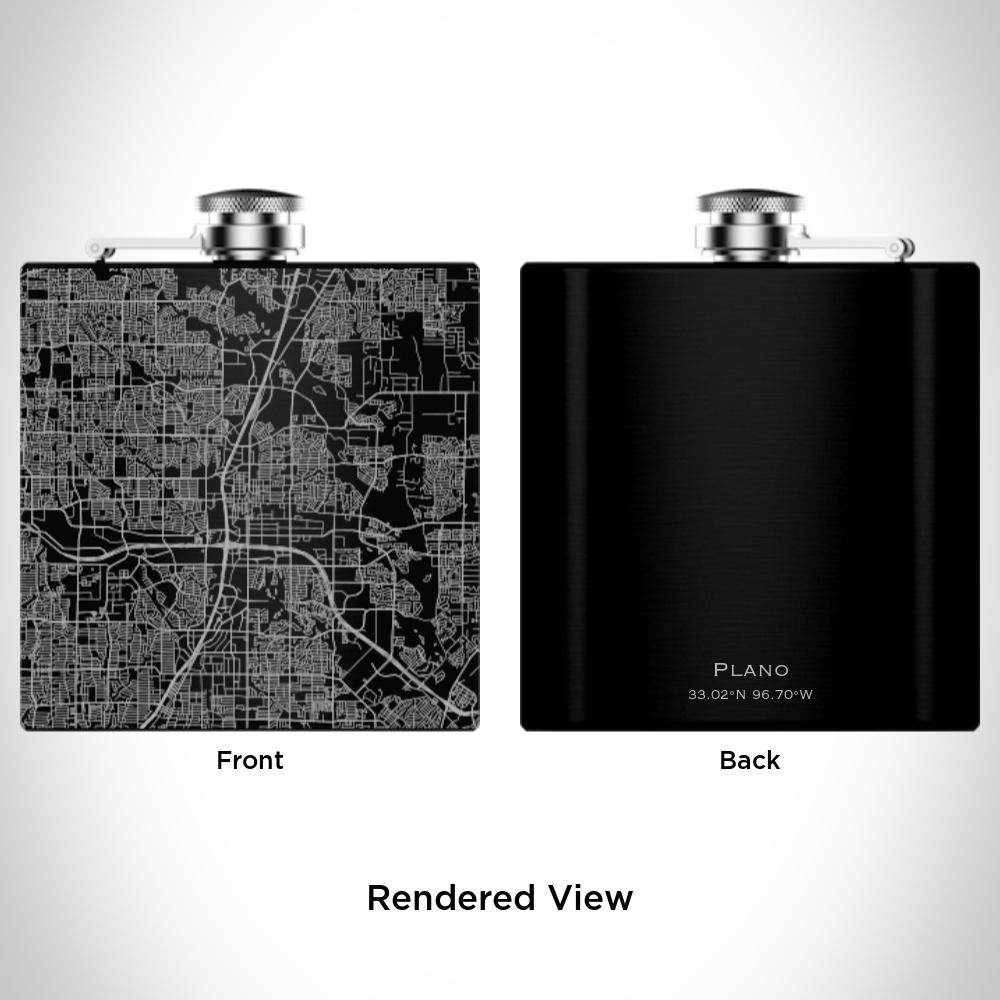 Custom engraved matte black hip flask featuring a detailed map of Plano, Texas with coordinates, accompanied by a canvas bag and funnel.